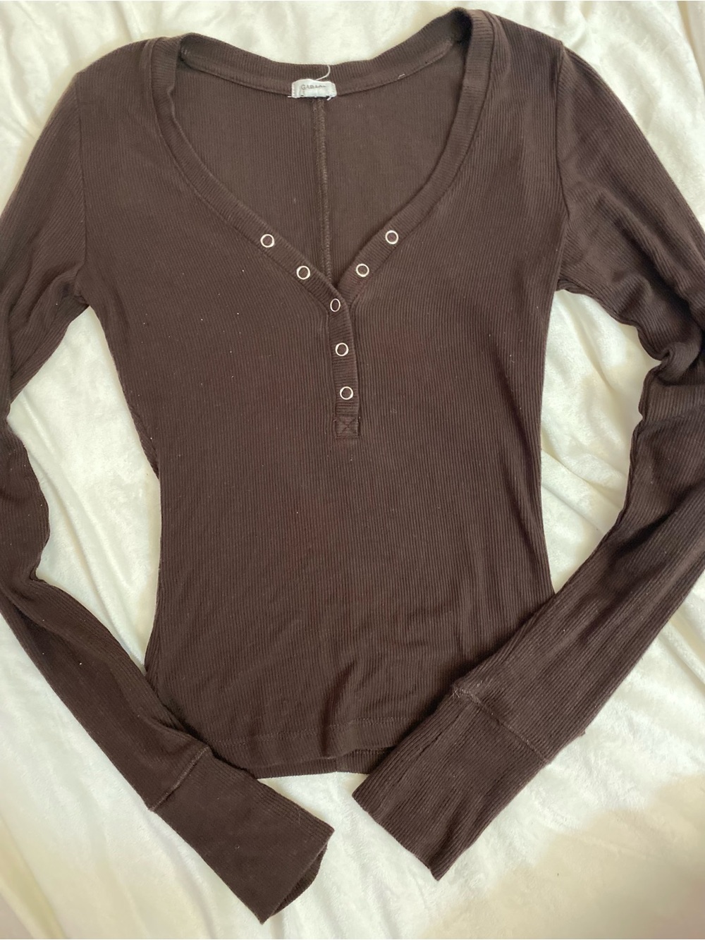 Garage Brown Ribbed Long-Sleeve Henley Top